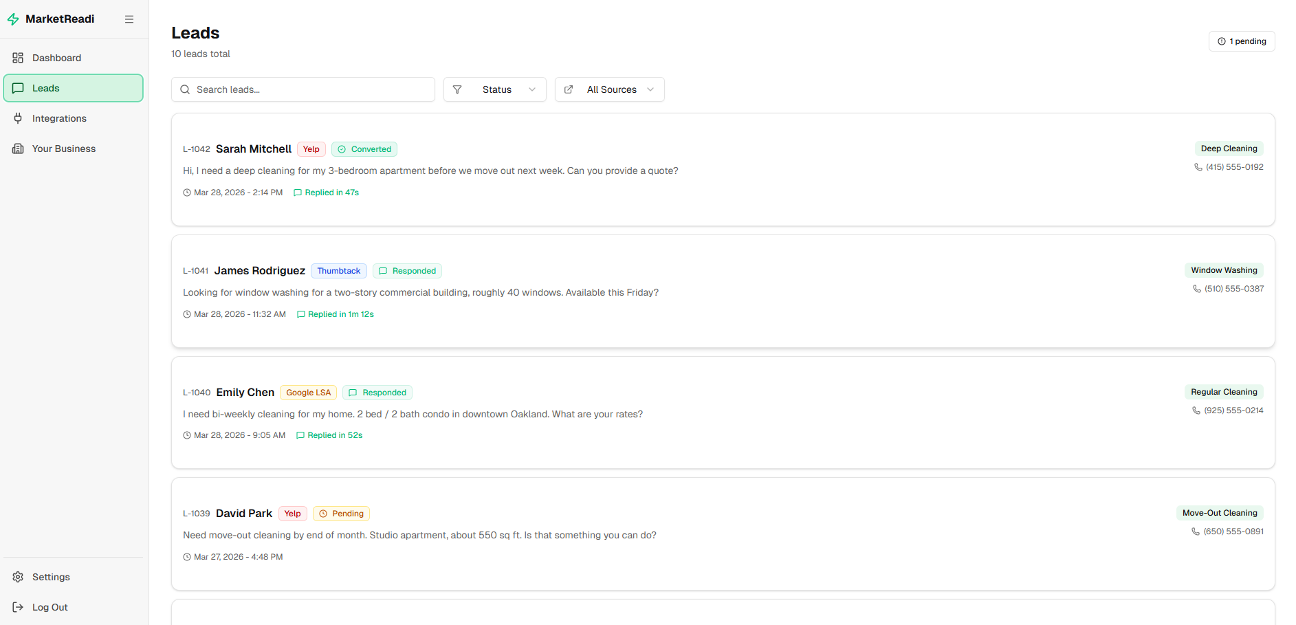 Leads list with Yelp, Thumbtack, and Google LSA leads in one inbox
